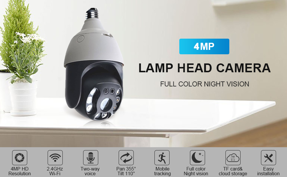Eversecu 2K Wireless PTZ light bulb Security Camera E27 Bulb screw socket Auto Tracking 2 Way Audio